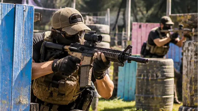 Jugador de airsoft con gorra, gafas y réplica apuntando detrás de una barricada azul en el campo