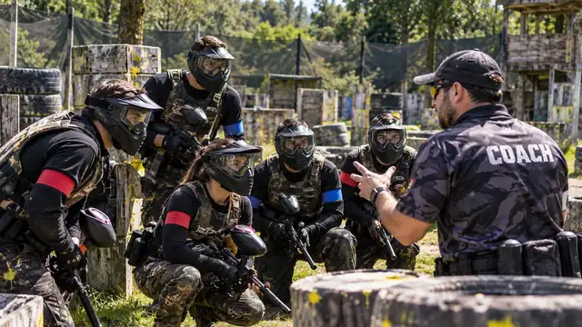 Coach táctico dando instrucciones a un equipo de jugadores de paintball con máscaras, chalecos y brazaletes de colores en el campo